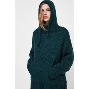 Zara Chunky Knit Hooded Sweater Dark Green Cozy Mohair Blend Oversized Size S